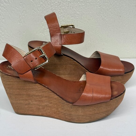 Michael Kors Xaria Wedges Cognac Brown Leather Buckle Open Toe Size 7.5 - Picture 2 of 8